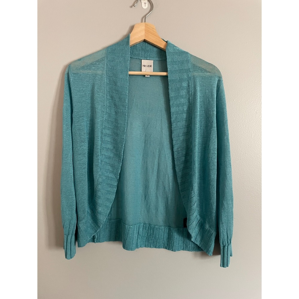 Nic+Zoe Cardigan Womens Small Teal Blue Linen Blend Open Front Casual Coastal
